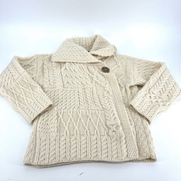 Clan Aran Women's S Cream Merino Wool Patchwork Knit Cardigan Collar Button - Picture 11 of 11